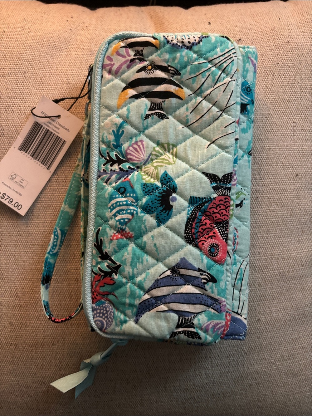 Quilted Fish Print Wristlet Wallet - Turquoise Multi